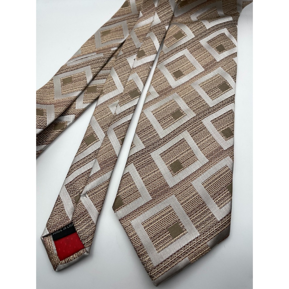 Fusion Distinctive Mens Geometric Square Pattern Tie Tan Silver Champagne Woven